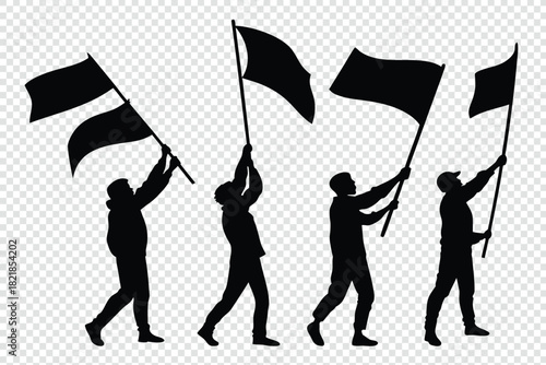 Silhouettes of people waving black flags against a transparent background