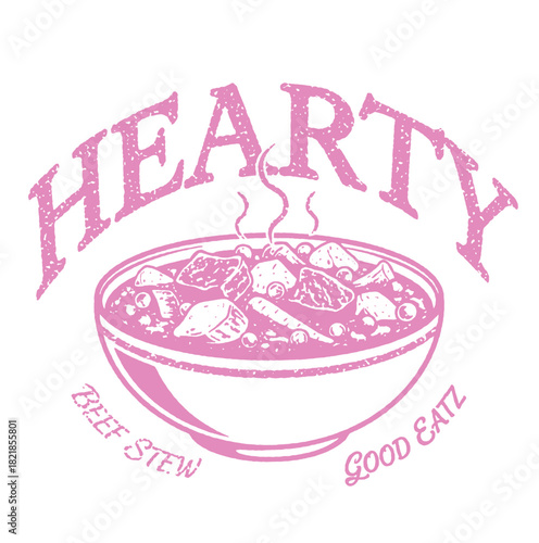 Vintage beef stew bowl illustration with typography. Retro comfort food vector design featuring hot soup, meat, and vegetables for menu or logo.
