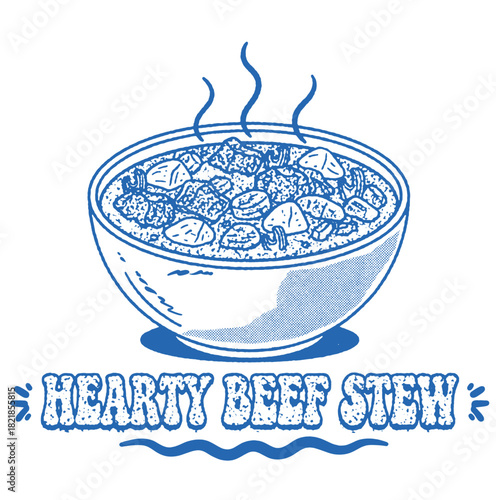 Vintage beef stew bowl illustration with typography. Retro comfort food vector design featuring hot soup, meat, and vegetables for menu or logo.