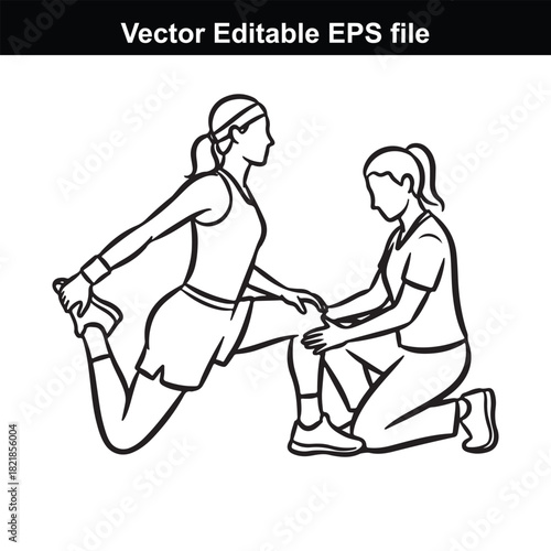 Line art illustration of a trainer assisting a woman with a quadriceps stretch, emphasizing fitness and physical therapy