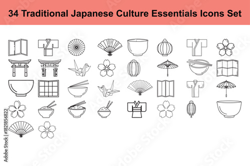 Collection of Traditional Japanese Culture Essentials Icons Set for Tourism Designs and Asian Heritage with Outline Style for Various Cultural Presentations