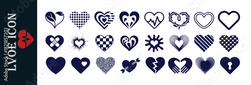 Diverse heart icons set symbolizing emotions, care, and medical concepts in various styles