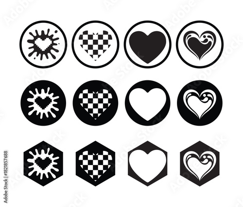 Heart icons set in various styles with black hearts on white background, round and hexagonal shapes
