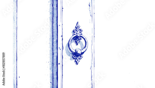 Vintage sketch with pen and blue ink of a Frost on door knocker  