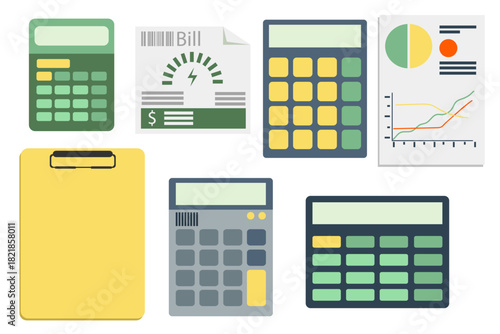 Simple set with a calculator, energy bills, and a color chart. Flat illustration.