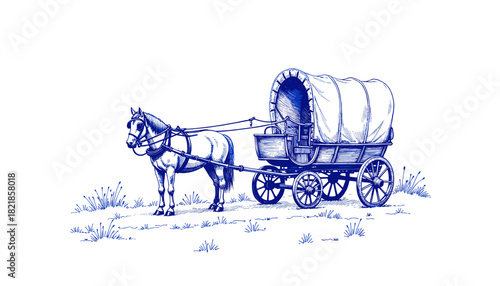 Vintage sketch of horse-drawn wagon in snow with blue ink details  