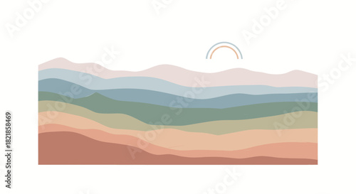Serene pastel mountains with delicate rainbow evoke peace, perfect for mindful design projects and calming backgrounds with a touch of modern minimalism