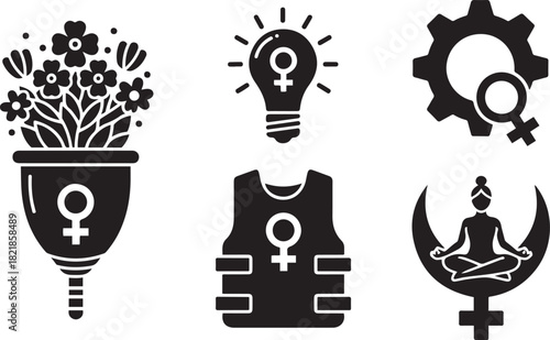 Female empowerment and feminist symbols including menstrual cup and yoga woman feminism
