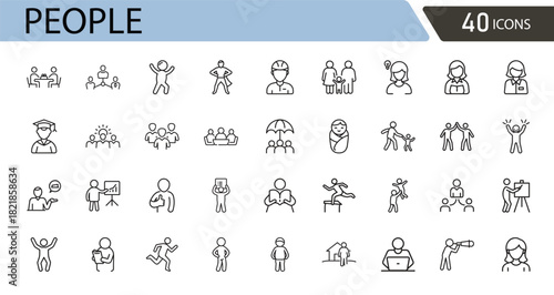 People icons set. Includes symbols representing individuals, groups, community, teamwork, communication, leadership, diversity, and social interaction. Outline icons.