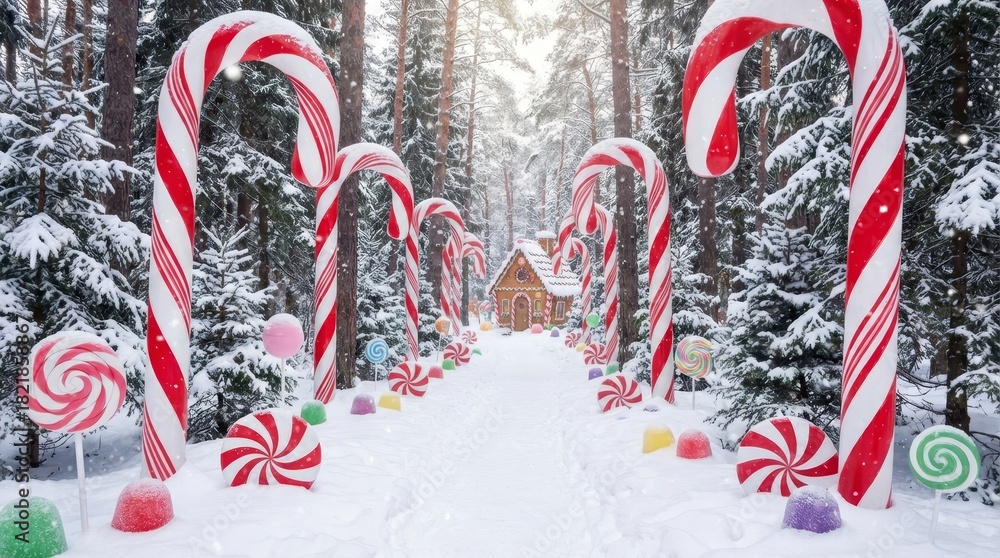 Obraz premium Gingerbread house standing in a snowy winter forest, creating a sweet fairy tale scene with giant candy canes, lollipops, and colorful sweets lining a path