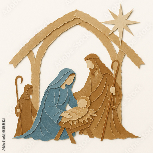 Detailed torn vector nativity composition Holy Family shepherd staff starburst stable white background illustration