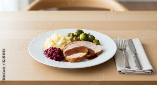 Wallpaper Mural A plate of roasted turkey with gravy, mashed potatoes, and brussel sprouts. Torontodigital.ca