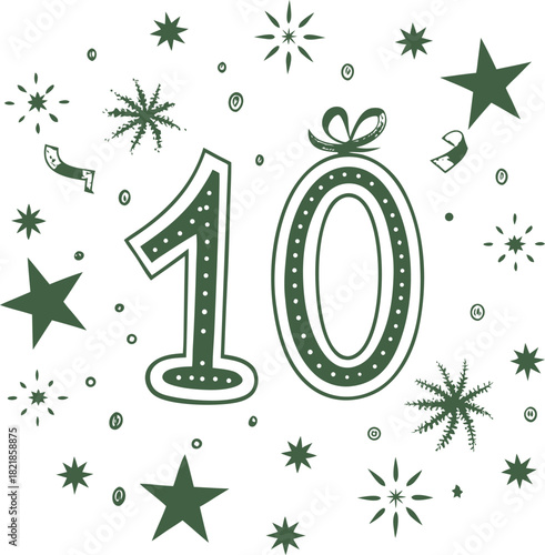 Festive number 10 with stars and confetti numeral celebration