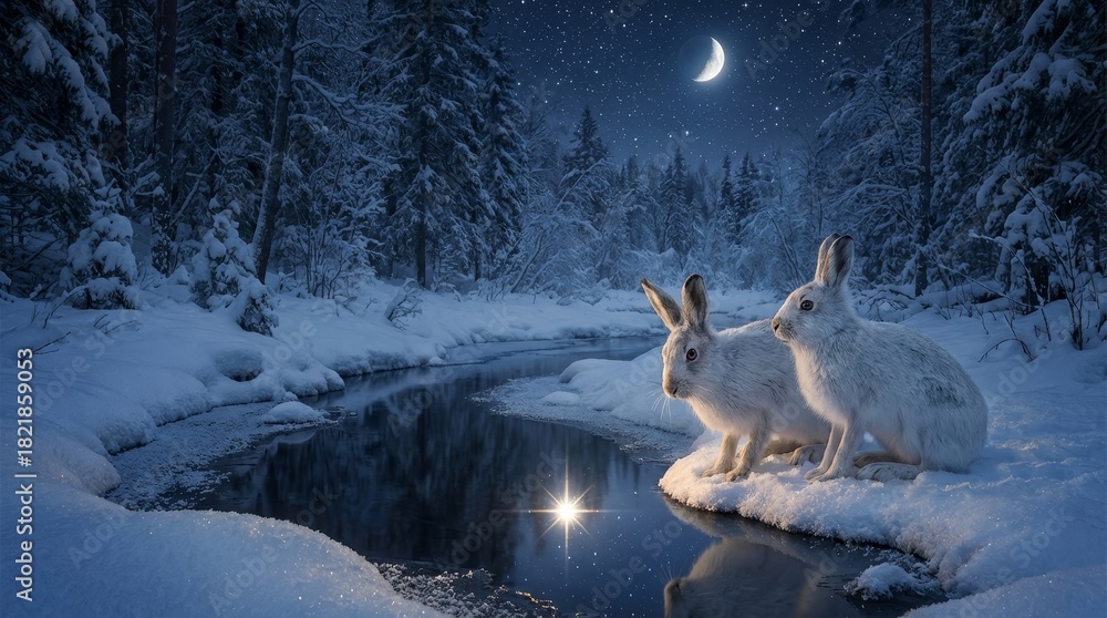 Naklejka premium White rabbits pausing by a calm river under a starry night sky, reflecting a glowing light on the water's surface in a snowy winter forest, evoking wonder and peace