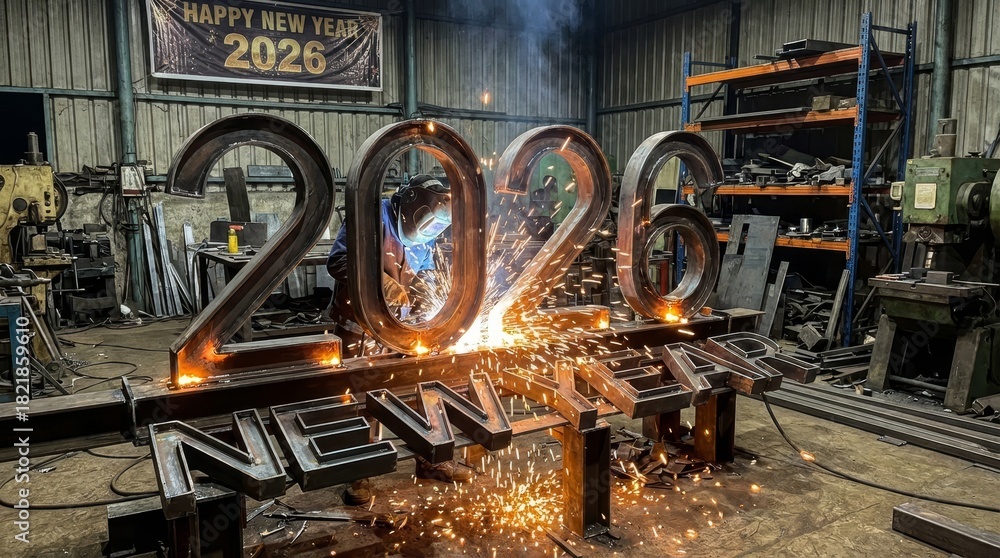 Naklejka premium Welder in helmet and gloves sparks metalwork while cutting and assembling large 2026 numbers in a busy fabrication workshop, celebrating the new year with industrial skill
