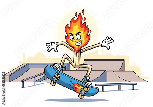 Cartoon matchstick character skateboarding at skatepark against a city backdrop