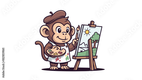 Cartoon monkey artist painting landscape illustration on white background