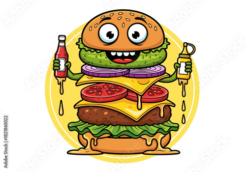 Cartoon burger with eyes and mouth holding condiments isolated on white