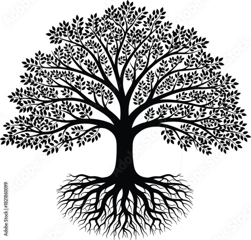 Tree silhouette with roots, nature concept, growth symbol, educational design, black vector illustration, abstract tree art, family tree metaphor, isolated graphic