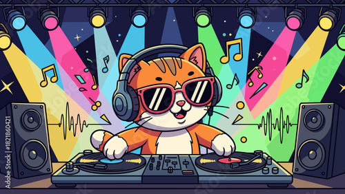 Cartoon cat dj with headphones mixing music at a colorful concert stage