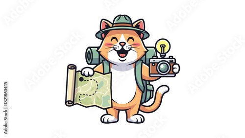 Cartoon cat explorer with map backpack camera and hat illustration