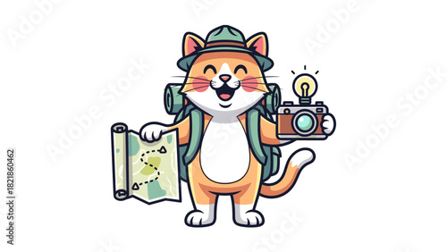Cartoon cat explorer with backpack map and camera on white background