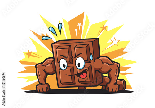 Cartoon chocolate bar exercising pushups with energetic starburst background