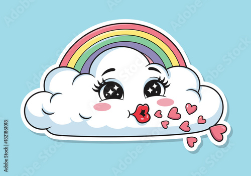 Cartoon cloud with rainbow and hearts on blue background illustration