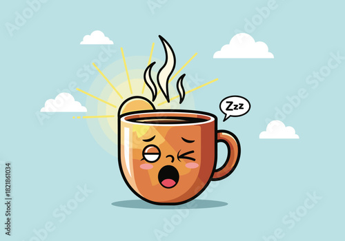Cartoon coffee cup with a yawning face sunrise and clouds illustration
