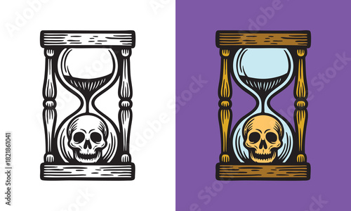 An hourglass with flowing sand and a skull at the base, illustrated with bold lines and strong shading.