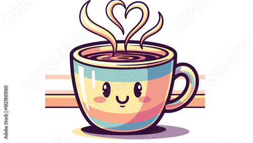 Cartoon coffee cup with heart steam and smiling face vector illustration
