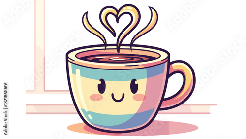 Cartoon coffee cup with heart shaped steam smiling expression illustration