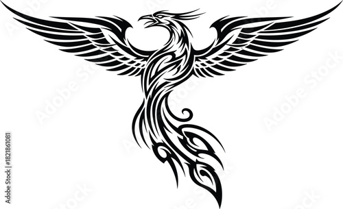 Tribal phoenix tattoo vector, black silhouette bird, mythological fire creature, wings spread, flame design, rebirth symbol, spiritual art, decorative ink