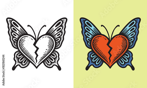 Butterfly featuring a cracked heart center with bold line details and expressive patterned wings