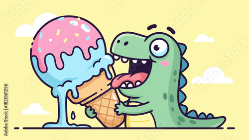 Cartoon dinosaur enjoying ice cream cone with vibrant colors and joyful expression