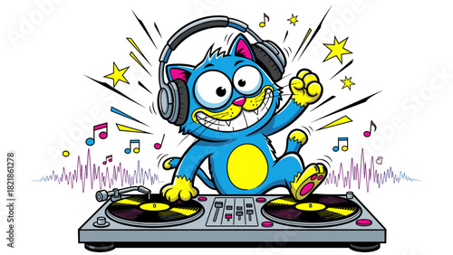 Cartoon dj cat listening to music and mixing vinyl records with joyful expression