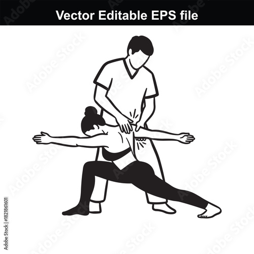 Chiropractor performing spinal adjustment on a woman in a yoga pose, isolated on white background