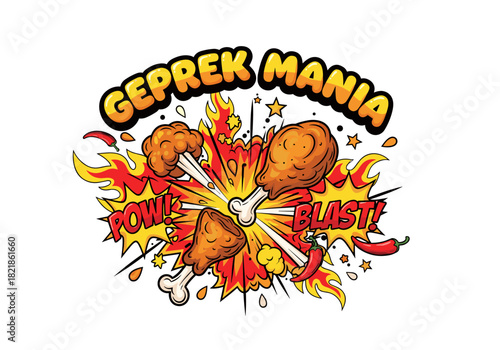 Cartoon fried chicken explosion illustration with spicy pepper and flames