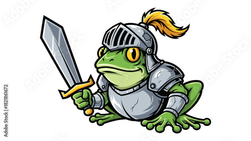 Cartoon frog knight holding sword ready for adventure on white background