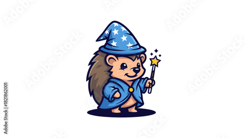 Cartoon hedgehog wizard with wand and magic hat isolated on white