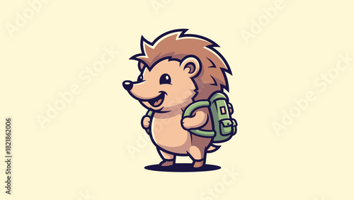 Cartoon hedgehog with backpack smiling outdoors vector illustration