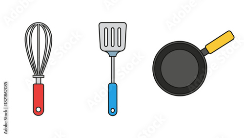 Cartoon kitchen tools collection whisk spatula and pan isolated on white