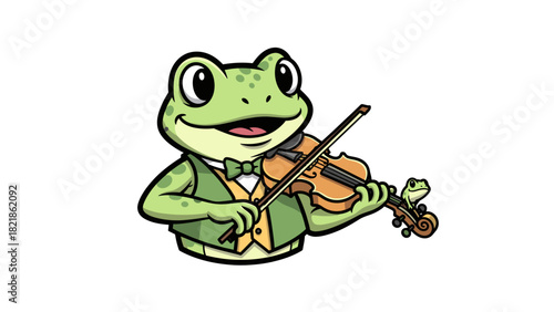 Cartoon frog playing violin isolated on white background musical concept