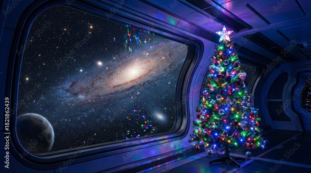 Fototapeta premium Decorated christmas tree illuminates a futuristic spaceship interior, offering a stunning panoramic view of a distant galaxy, stars, and an alien planet through the large window