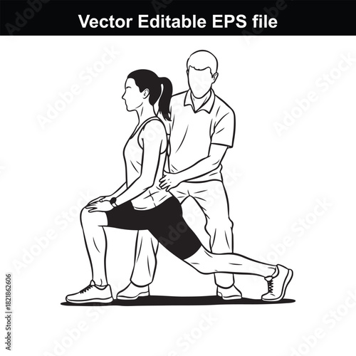 Physical therapist assisting a woman with a quadriceps stretch, isolated on white background