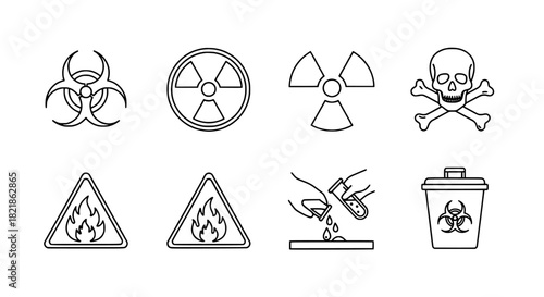 Outline icons of radiation, toxicity, and biohazard warnings