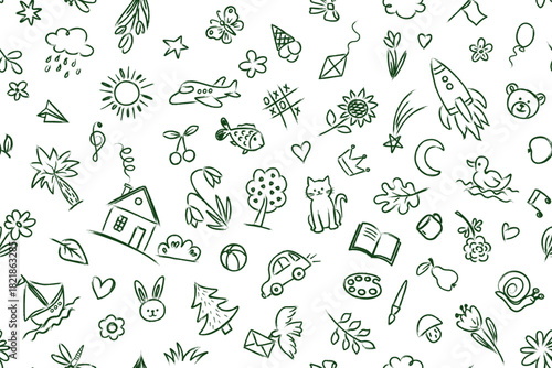 Seamless pattern with a set of sketches of children's icon elements. A child's black pencil drawing on a white background. A childish charcoal drawing style. Vector illustration for print, wallpaper
