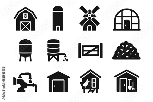 Heap icon farm irrigation pump shed fence windmill set vector coop silo
