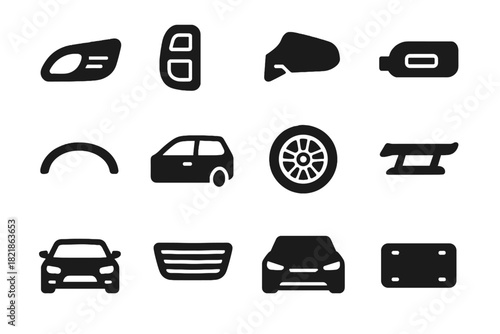 Spoiler exterior side door tires license hood vector car grill handle icon