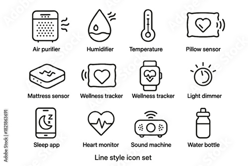 Vector heart health machine mattress sound icons sleep purifier bottle diffuser bedroom